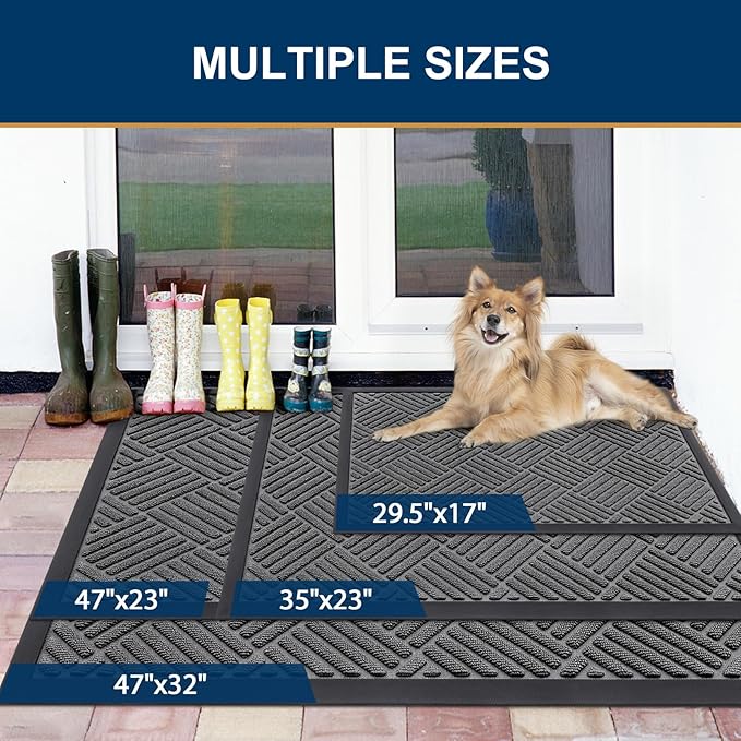 Smiry Front Door Mat Outside Entrance, Heavy Duty Outdoor Indoor Natural Rubber Doormat, Non Slip, Trap Dirt and Moisture, Easy Clean, Low Profile Patio Porch Entryway Mat, 29.5x17, Grey