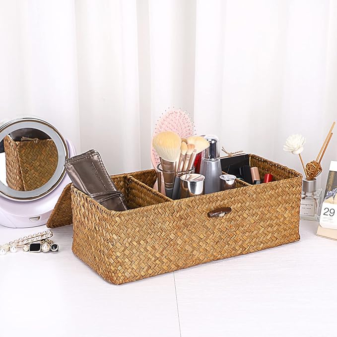 Hipiwe Seagrass Storage Basket Bin with Lid Rectangular Woven Shelf Baskets for Closets Bathroom Kitchen Shelf Organizing, Caramel, 14.2" x 6.3'' x 4.7''