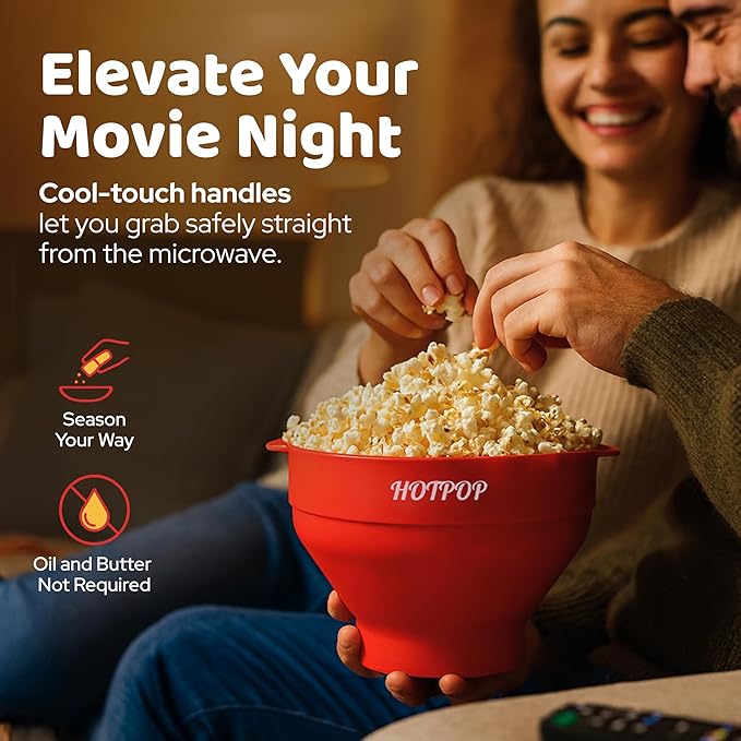 The Orginal HotPop Silicone Popcorn Maker - Microwave Popcorn Popper with Handles - Collapsible Bowl, Heat-Resistant, Easy to Clean, Ideal for Family Movie Nights, 15-Cup Capacity - Red