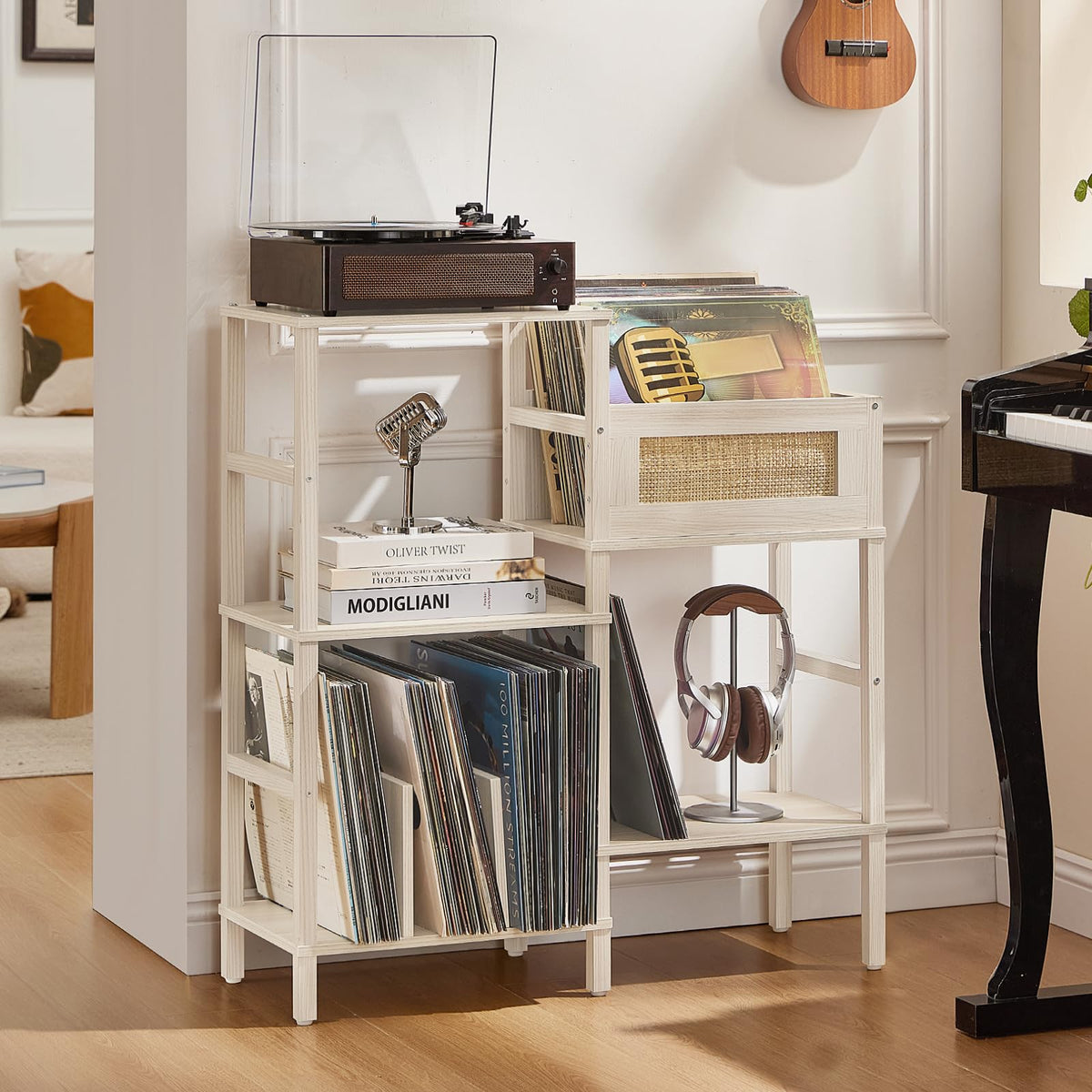 LELELINKY Record Player Stand, White Cream Oak Wood Record - Image 1