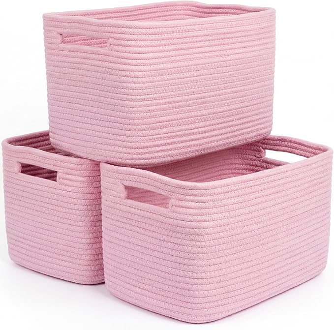 Storage Baskets for Organizing, 14 x 10 x 9” Closet Shelf Woven Baskets, Square Bins with Handles, Cotton Rope Basket for Toys, Clothes, Office, Room, Pink 3 Pack