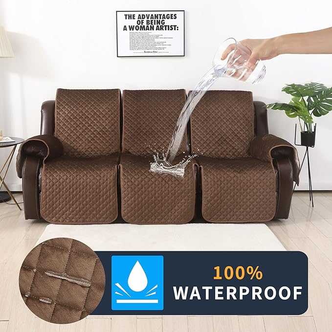 LUFEIJIASHI Non Slip Recliner Sofa Covers,Velvet Waterproof Recliner Couch Covers for 3 seat,Washable Reclining Couch Cover Furniture Protector for Dogs,Pets (Brown, 3 Seater)
