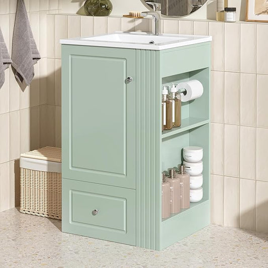 20 in Small Bathroom Vanity with Sink,Drawer,Doors and Side Storage & Toilet Paper Holder, Solid Wood & MDF Modern Single Bathroom Sink Cabinet with Drawers,Freestanding (Green,20 in)