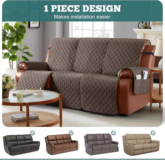Ruaozz Waterproof Recliner Sofa Covers, 1-Piece Couch Covers for Reclining Couches Reclining Couch Cover Washable Furniture Protector with Elastic Straps Pocket for Kids Pets (Brown, 3 Seater)