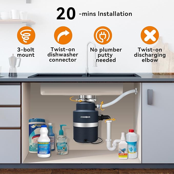 Garbage Disposal 1HP, Food Waste Disposal Continuous Feed, Garbage Disposal with Power Cord,Navy Blue…