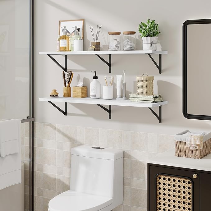Floating Shelves for Wall,40" Wall Mounted Shelves Set of 2,Long Wood Floating Shelves,Hanging Wide Display & Storage Shelf with Metal Brackets for Bathroom,Bedroom,Kitchen,Living Room,White