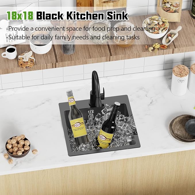 Black 18x18 In Drop In Kitchen And Bar Sink- Stainless Steel Single Bowl Kitchen Sink Modern Topmount Bar Sink With Silicon Mat,Drain Strainer Set Compatibility With Various Kitchen & Bar Style