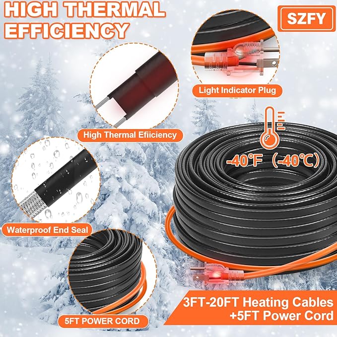 24FT Heat Tape for Water Pipes, -40°F Deicing Cable,Pipe Heating Cables for Roof,Gutter，Farm，Freeze Protetion Heat Trace Cable, Heated Water Hose,Plumbing Fixtures,120V 5W/FT