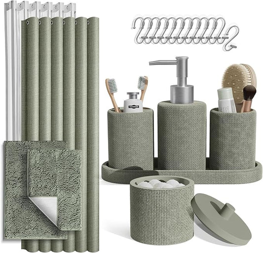 Clara Clark Sage Green Bathroom Set - Bathroom Sets with Shower Curtain and Rugs, 21PC Bathroom Accessory Set, Shower Curtain Set with Soap Dispenser & Toothbrush Holder