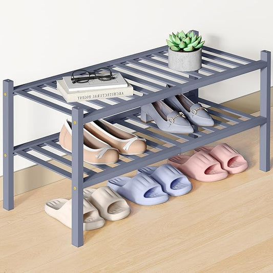 Smiry Bamboo Shoe Rack for Closet, 2 Tier Wooden Stackable Shoe Organizer, Free Standing Shoes Storage Shelf for Entryway, Front Door Entrance, Grey