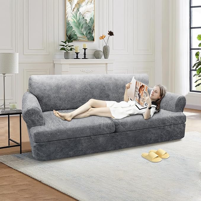 3-Pieces T Cushion Sofa Slipcovers Leather Look Couch Cover for 2 Cushion Couch Furniture Protector Stretch Sofa Cover with 2 Individual T Cushion Seat Covers Washable, Light Grey
