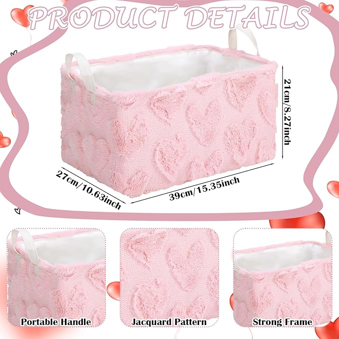 Kathfly Pink Heart Storage Baskets Valentine's Day Plush Faux Fur Jacquard Design Laundry Basket with Handles Waterproof Storage Bins Fabric Shelf Baskets for Organizing