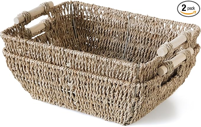 2 Pack Wicker Storage Baskets with Wooden Handles, Large Seagrass Basket for Organizing Shelves, Natural Woven Storage Baskets for Snack, Gift