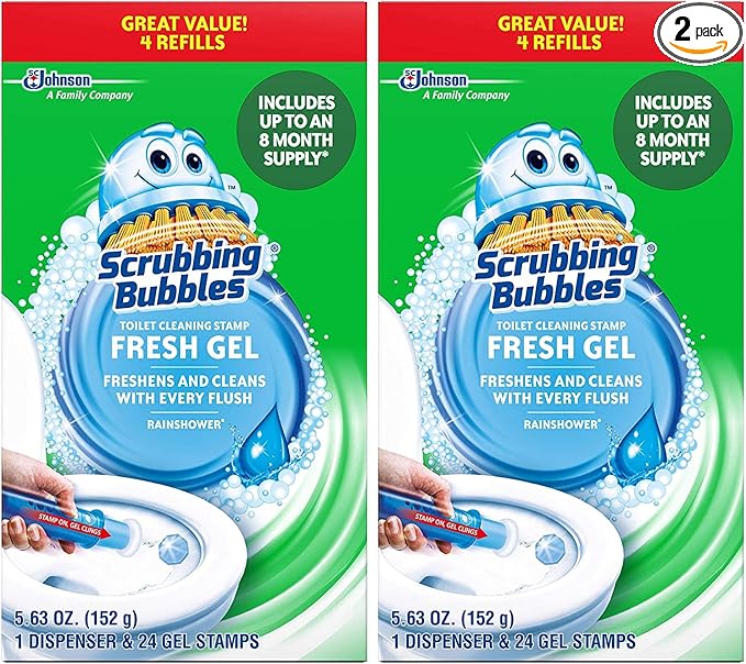 Scrubbing Bubbles Fresh Gel Toilet Cleaning Stamp, Rainshower, Dispenser with 4 Refills - Pack of 2