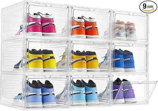 9 Pack X-Large Shoe Storage Box, Thicken&Sturdy with Clear Magnetic Door, Stackable Shoe Organizer with Solid Plastic, Drop Front Shoe Box for Sneaker Display Fit up to US Size 12