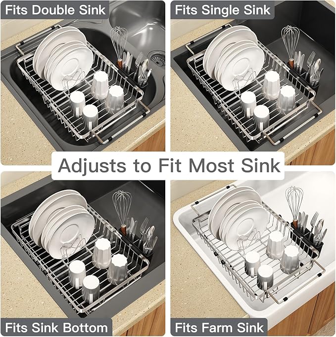 MAJALiS Small Expandable Over The Sink Dish Drying Rack Drainer In Stainless Steel Metal For Kitchen, Counter Space Saving Compact Plate Dryer Strainer Adjustable Hanging Inside Sink Wire Drain Holder