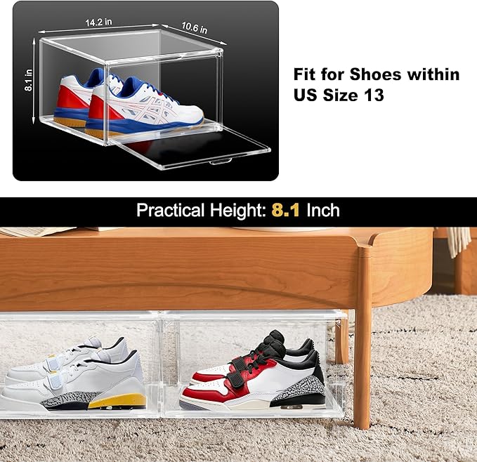 14 Pack Plastic Shoe Boxes Fit US Size 13, Clear Stackable Shoe Display Case with Magnetic Acrylic Door Shoe Containers for Sneaker Storage, Hats, Figure, Collectible