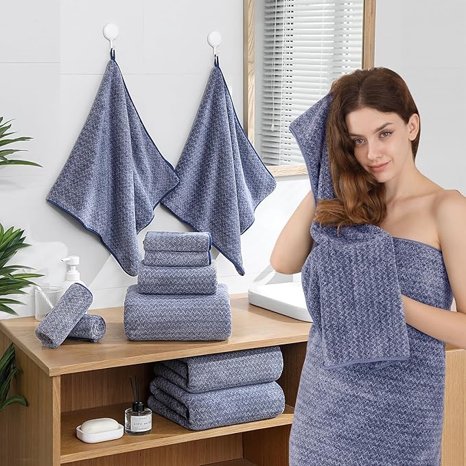 Ycosy 18 Piece Bath Towels Set,100% Microfiber Family Bathroom Towel with Hanging Loops-6 Bath Towels,6 Hand Towels,6 Washcloths,Quick Dry Highly Absorbent Shower Towel for Bathroom,Hotel,Spa-Navy