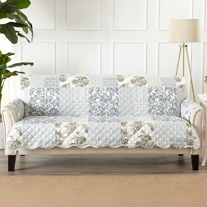 Great Bay Home Reversible Patchwork Sofa Cover - Washable Slipcover Furniture Protector with Elastic Straps - Couch Cover for Dogs, Kids, and Pets - Box-Stitched Detail (Sofa, Grey)