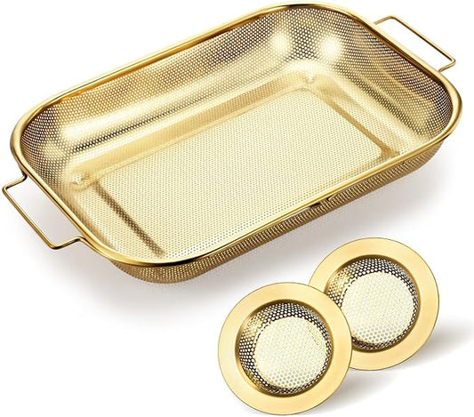 3 Pcs Gold over the Sink Colander and Strainer for Kitchen, Sink Strainer Basket, Collapsible Basket for Kitchen, Fruit Pasta Food Expandable Plastic Colander with Drain Stainless Steel