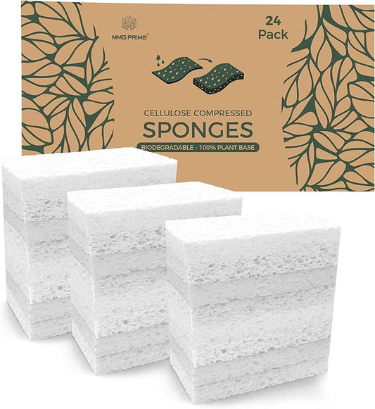 Cellulose Sponges – 24-Pack White Compressed Natural for Kitchen – Plant-Based, Biodegradable, Non-Scratch, Quick-Dry, Super-Absorbent for Dishes & Surfaces (24, White)