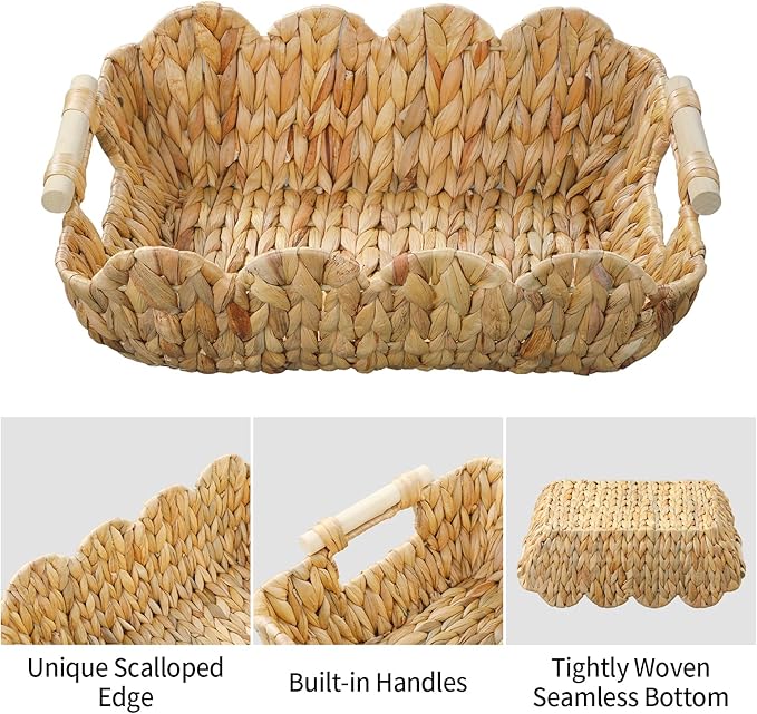 Small Wicker Basket 2 Pack,Scalloped Basket for Organizing and Decor,Natural Water Hyacinth Storage Baskets with Wooden Handles for Gifts,Snack,Shelves