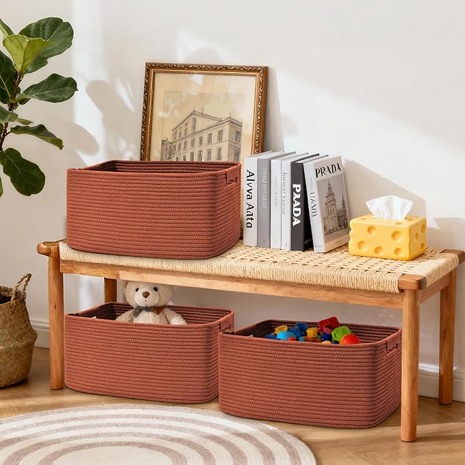 4 Pack Large Storage Basket for Organizing, 17.5"x13"x7" Woven Basket for Shelves, Closet Cube Storage Bins with Wrapped Handle, Cotton Rope Baskets for Kitchen, Clothes, Toys(Oxide Red)