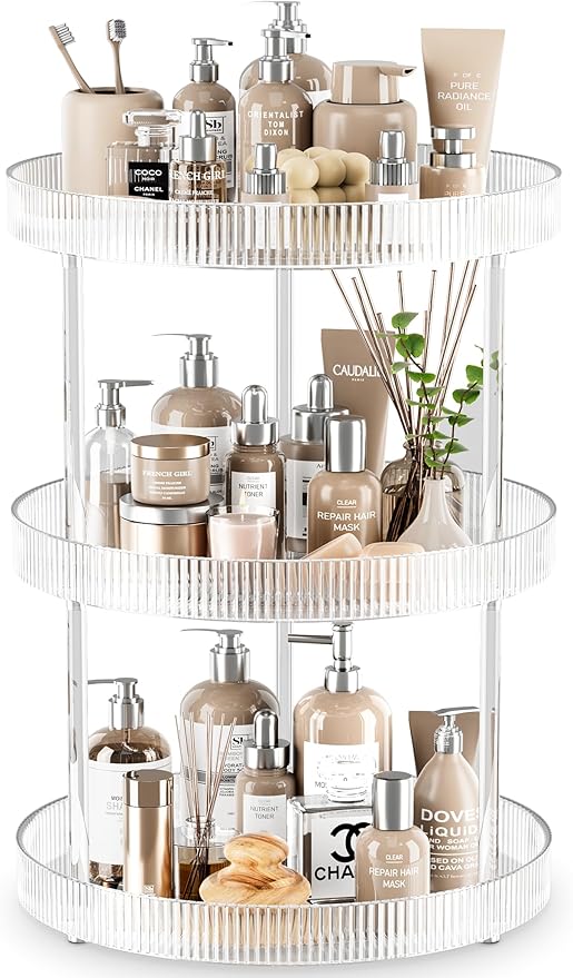 3 Tier Lazy Susan Bathroom Countertop Organizer, 360° Clear Rotating Makeup Cosmetic Perfume Storage Tray, Spinning Vanity Organizer Shelf for Bathroom Cabinet, Dresser, Kitchen(Large)