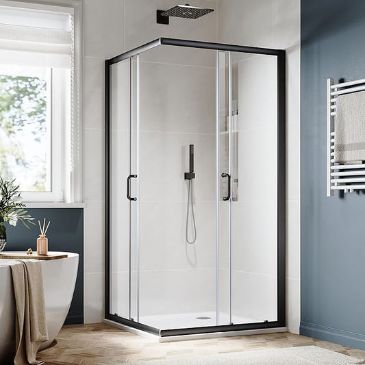SUNNY SHOWER Corner Shower Door 34 in.D x 34 in. W x 72 in. H Opening Sliding Shower Enclosure 1/4 inch inch Tempered Glass Framed Sliding Shower Stalls in Black Double Sliding Shower Door