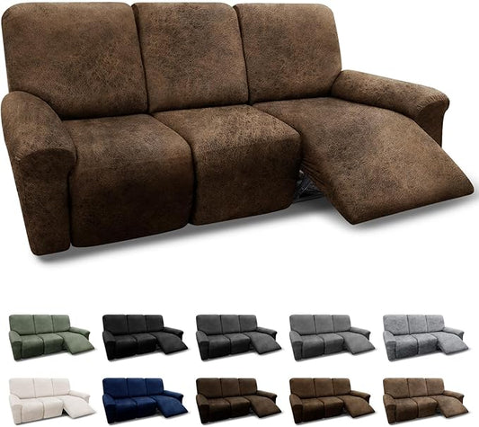 Couch Cover 8-Pieces Sofa Covers Washable Recliner Sofa Covers 3 Seater Leather Look Recliner Slipcovers with Pockets Spandex Fabric Furniture Covers(Recliner Sofa, Brown)