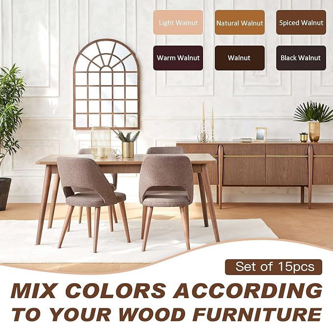 Wood Furniture Repair Kit, 6 Colors Wood Filler Hardwood Laminate Vinyl Floor Repair Kit, with Wood Putty, Wood Polish Wax for Hole, Scratch, Crack, Stain (Walnut Wood 15Pcs)