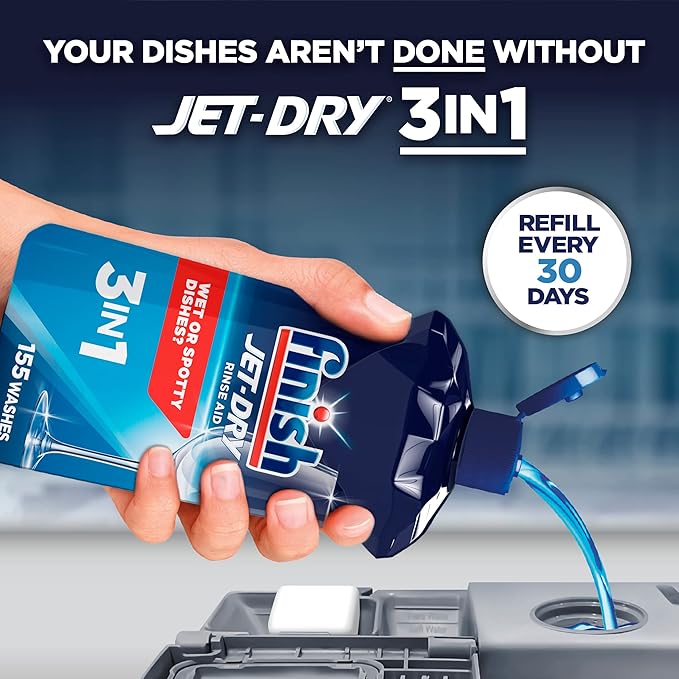 Bundle of Finish In-Wash Dishwasher Cleaner: Clean Hidden Grease and Grime, 3 Count, Pack of 4 + Finish Jet-Dry Rinse Aid, Dishwasher Rinse Agent and Drying Agent, 23 fl oz, Packaging may vary