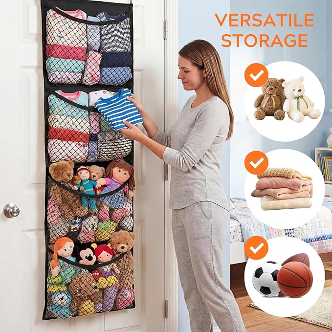 Ofiray-home Over The Door Stuffed Animal Storage, Cotton Toy Organizer for Storage Plush Toys, Stuffed Animal Holder with 4 Large Pockets, Hanging Door Organizer for Nursery, Bedroom (Black)