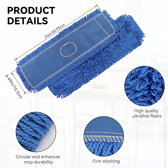 BeiLan 3 Pack 24 Inch Microfiber Dust Mop Head, Medium Washable Commercial Sweeper and Janitorial, Blue