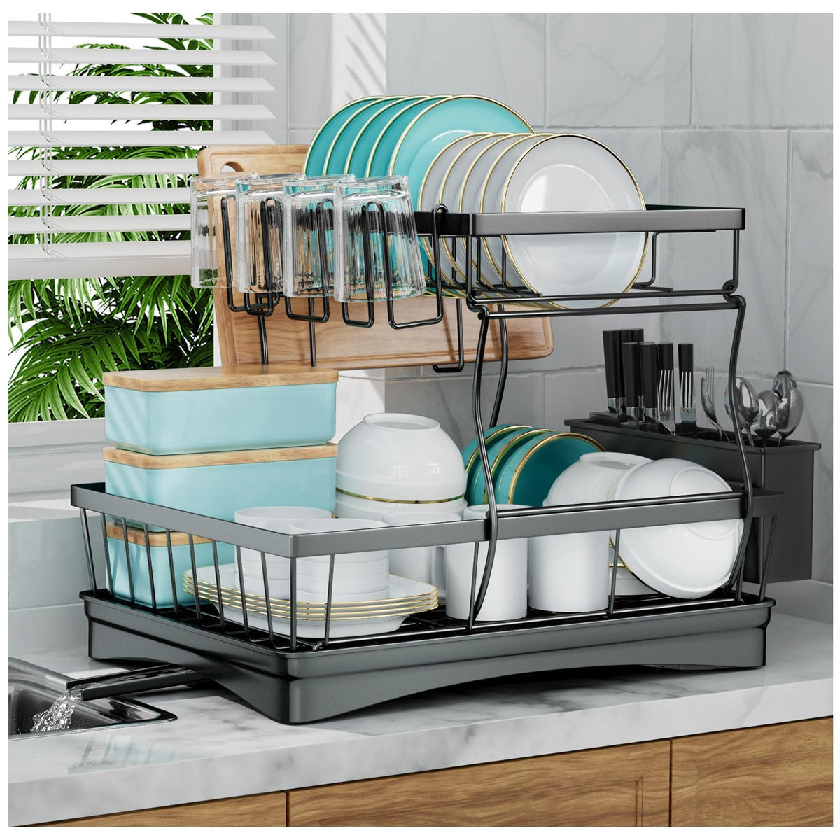 7 code 2-Tier Large Dish Drying Rack for Kitchen Counter, Black - Image 1