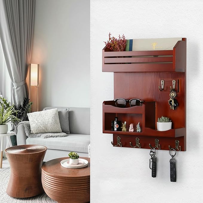 Key Holder for Wall, Wall Mounted Mail Organizer with 6 Metal Key Hooks, Key Racks for Home Entryway Decor, Luxury Auburn