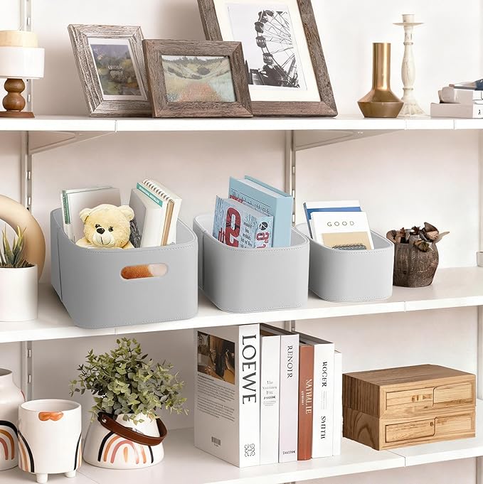 HofferRuffer Faux Leather Storage Baskets Bins with Velvet Lining for Organizing, Storage, Gifts, Set of 3 Nesting Shelf Baskets Decorative Storage Boxes for Home Organization (Grey)