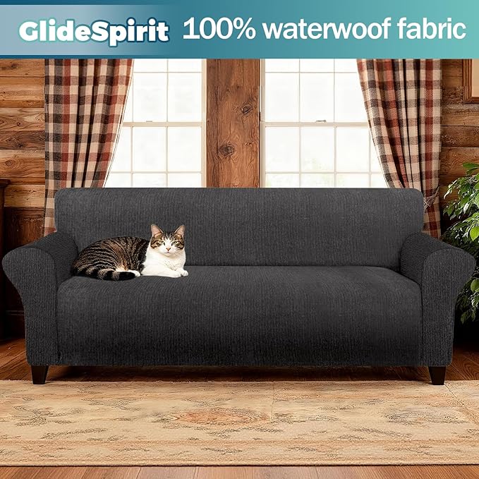 Waterproof Stretch Spandex Chair Sofa Slipcover - Non-Slip Soft Couch Cover with Elastic Bottom, Washable Leakproof Furniture Protector for Kids, Pets, Dogs & Cats (Chair, Dark Gray)