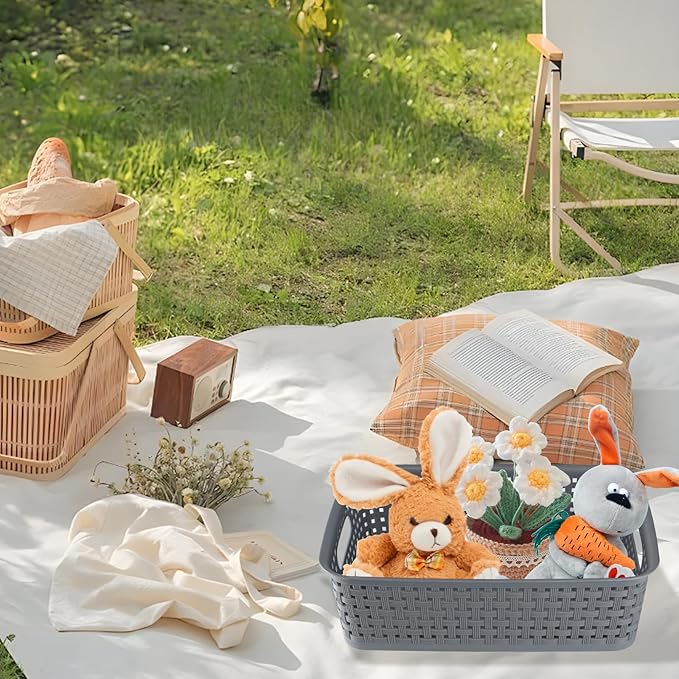 Plastic Storage Baskets - 6 Pack, Gray, Woven Storage Organizer Basket Small Stackable Plastic Weave Baskets, 10.6 x 7.2 x 3.1 inches
