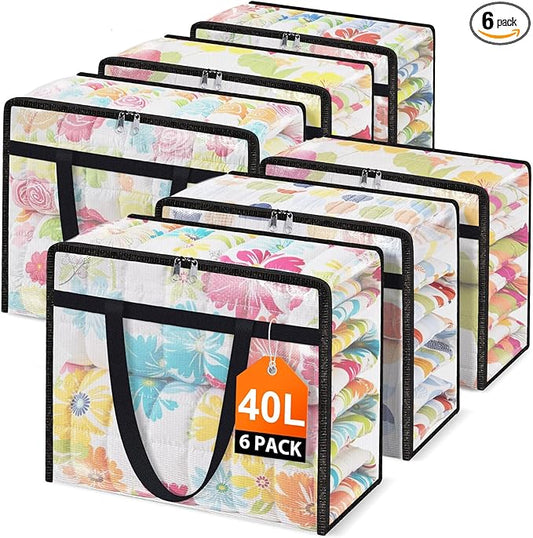 Clear Under Bed Storage Containers - 6 Pack Large Capacity Clothes Storage Bags with Lid & Sturdy Handles, Foldable Moving Bags, Clothing Organizer Totes for Bedding, Comforter, Sheet（40 L）
