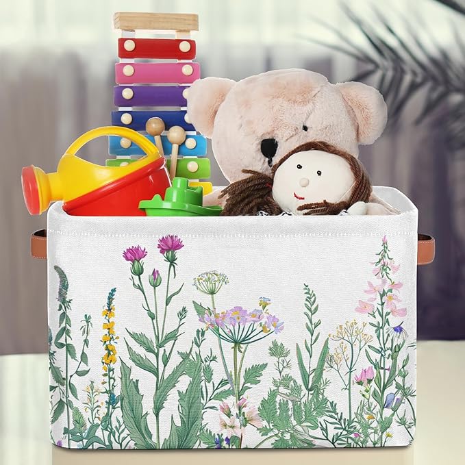 Pardick 2Pack Herbs and Wild Flowers Large Collapsible Storage Bins,Colorful Floral Decorative Canvas Fabric Storage Boxes Organizer,Rectangular Shelves Baskets Box for Home Office Nursery Closet