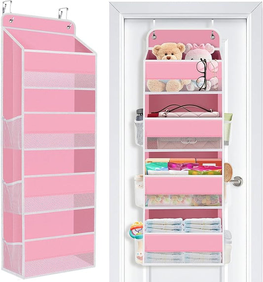 SpaceWhisper Over the Door Organizer, 4 Large Pocket Hanging Storage Organizer with 40lb Capacity, Space Saving for Nursery, Bathroom, Bedroom, Closet - Baby Essentials & Toiletry Organizer (Pink)