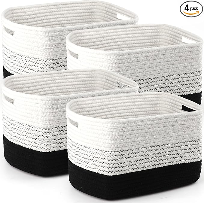 4 Pack Storage Baskets for Organizing, 12''Lx10''Wx8''H Woven Baskets for Storage Toys, Towels, Books, and Clothes, Cotton Rope Basket for Shelves with Handle (White & Black)