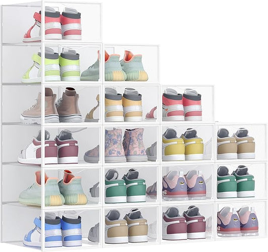 SONGMICS Shoe Boxes, Shoe Storage Organizers Rack for Closet, Plastic Stackable Sneaker Containers Case, 18 Pack, Transparent and Cloud White ULSP318W01