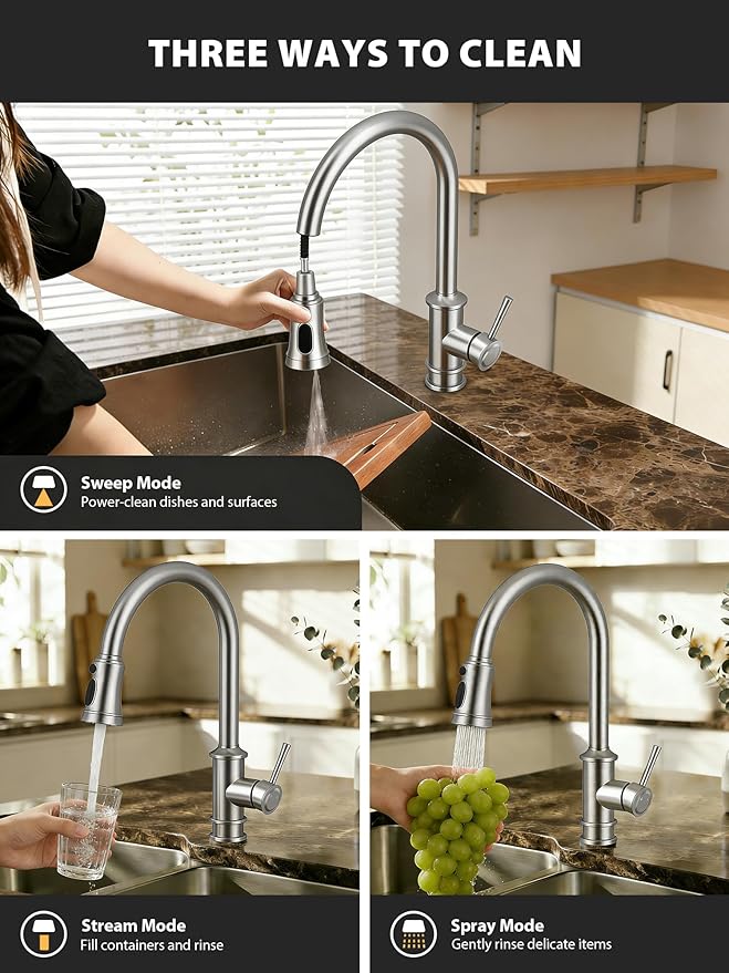 Vintage Kitchen Faucets with Pull Down Sprayer, Stainless Steel High Arc Kitchen Sink Faucet, Drip-Free 3 Spray Mode Faucet with 360° Rotation, Easy DIY Single Hole Install (Brushed Nickel)