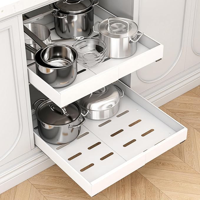 2 Pack Expandable Pull Out Cabinet Organizer, 21" Deep Expandable (12.6" - 20.5") 3 Heavy Duty Slide Drawers Pull Out Drawers for Kitchen Storage Cabinet (White)
