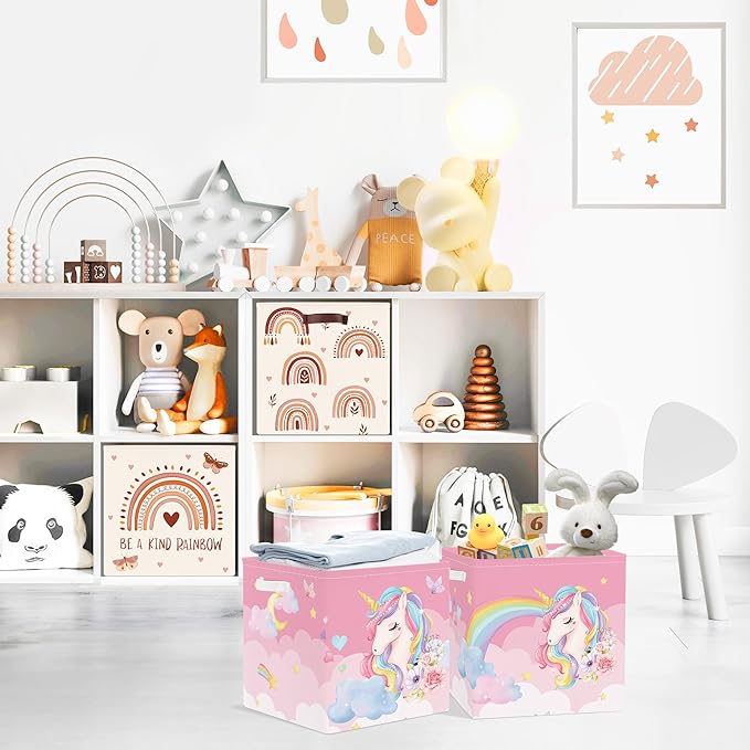 Clastyle Pink Unicorn Rainbow Kid Storage Basket Set Foldable Closet Clothes Organizer Nursery Toddler Toy Bin Girl Book Shelf Basket, Cloud, 11.8x11.8x11.8 in