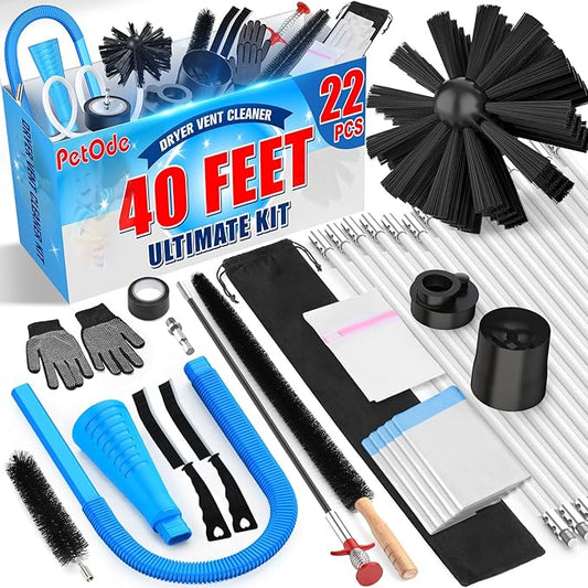 22-Piece 40-Feet Dryer Vent Cleaner Kit, Dryer Vent Cleaning Kit Lint Remover with Dryer Vent Brush, Vacuum Hose Attachment Cleaning Tools, Flexible Lint Trap Brush, Vacuum & Dryer Adapters