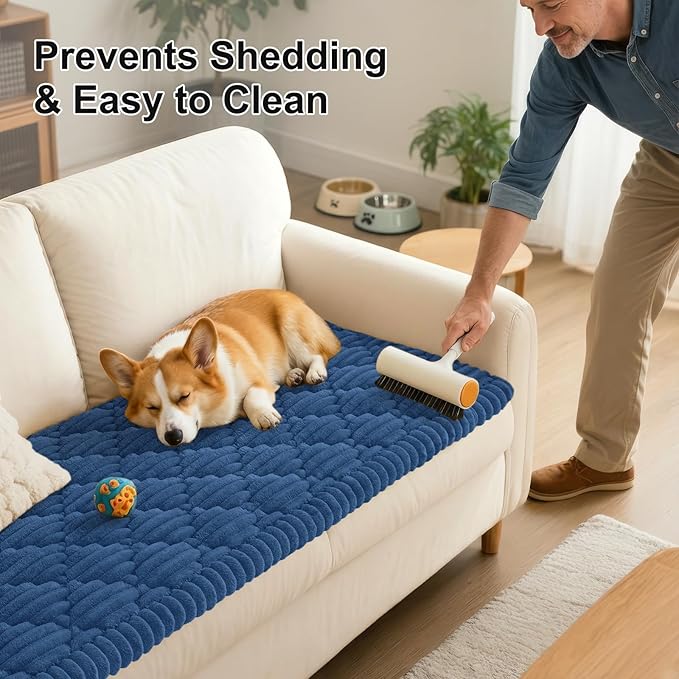 Smiry Pet Couch Cover for Dogs Washable, Non-Slip Fuzzy Couch Covers for 3 Cushion Sofa Pet Friendly, Soft Thick Furniture Protector Sofa Slipcover Mat for Dogs (Navy, 27.6" x 88")