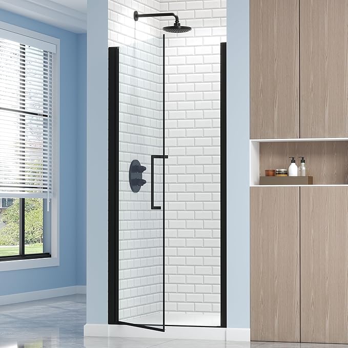 Frameless Pivot Shower Door 32.8-34" W X 72" H, 1/4" (6mm) Clear SGCC Tempered Glass, Hinged Pivot Swing Shower Door, Reversible Installation, Easy to Clean, Matte Black